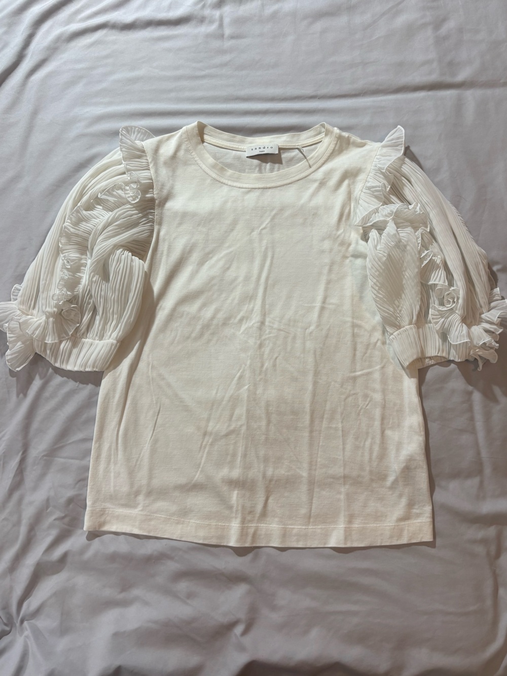 Sandro Cream Crewneck Tee with Sheer Ruffle Sleeve